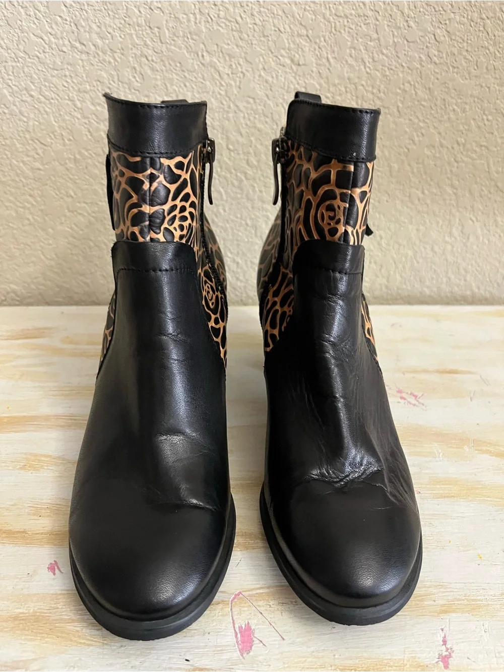 Women's Black Ankle Boots with Tan Floral Cutout Panels